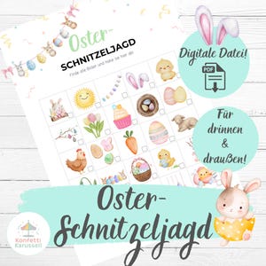 May include: A printable Easter-themed scavenger hunt game with colorful illustrations of Easter eggs, bunnies, chicks, and other spring elements. The text "Oster-Schnitzeljagd" is prominently displayed, along with instructions and a PDF download icon.