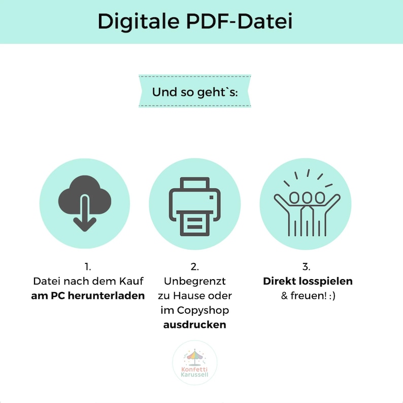 May include: A graphic illustrating the steps for a digital PDF file. The image features a cloud icon, a printer icon, and a group of people with arms raised. Text includes "Digitale PDF-Datei" and "Und so geht's:" with numbered steps.