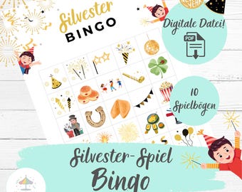 Silvester-Bingo für Kinder | Silvester-Spiel zum Ausdrucken | 10 Bingo-Karten | Beschäftigung | Countdown Tüten | Last Minute | deutsch