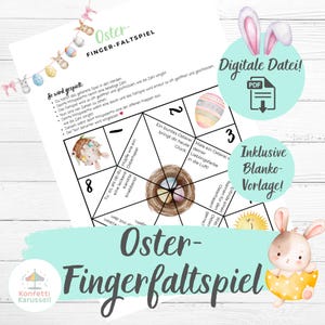May include: A printable Easter-themed finger game with colorful illustrations. The game features a grid with numbers, Easter eggs, and a nest. Text includes "Digitale Datei!" and "Inklusive Blanko-Vorlage!" with a bunny graphic.