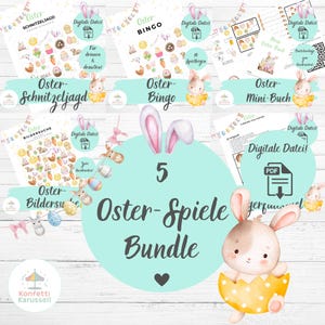 May include: A bundle of five Easter-themed digital games, including a scavenger hunt and bingo. The image features bunny illustrations, Easter eggs, and the text "Oster-Spiele Bundle" in a teal circle. The games are designed for printing.