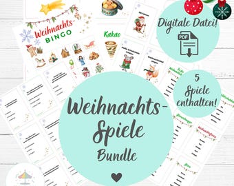 Weihnachts Spiele Bundle zum Ausdrucken – 5 Spiele für Familien & Kinder | Bingo, Quiz, Pantomime, Begriffe raten, Wer bin ich? | deutsch