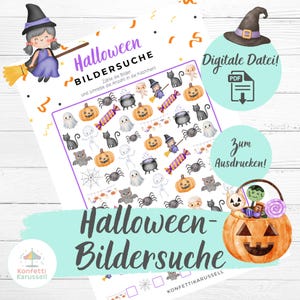 Könnte beinhalten: Ein Halloween-Suchspiel-Arbeitsblatt mit dem Titel Halloween BILDERSUCHE, das Aquarellillustrationen von Kürbissen, Geistern, Spinnen, Fledermäusen, Skeletten, Süßigkeiten und Hexen sowie einen mit Leckereien gefüllten Kürbiskorb zeigt.