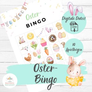 May include: A printable Easter Bingo game sheet with colorful illustrations of Easter-themed images. The game sheet features a grid layout with images of bunnies, eggs, chicks, and other Easter symbols. The words "Oster-Bingo" are displayed prominently.