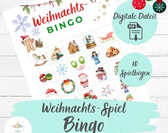 Bingo navideño para niños | Juego navideño imprimible | 10 cartones de bingo | Juego navideño familiar | Descarga instantánea | Alemán