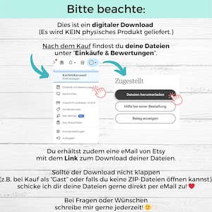 May include: Screenshot of a digital download purchase process, with arrows pointing to the Etsy account's "Purchases and Reviews" section and the "Download Files" button. Text in German explains the process.