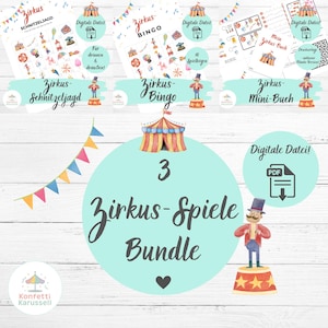 Könnte beinhalten: Ein Bundle aus drei digitalen Spielen zum Thema Zirkus, darunter eine Schnitzeljagd, Bingo und ein Mini-Buch. Das Design zeigt ein Zirkuszelt, einen Zirkusdirektor und bunte Wimpelketten. Der Text "Zirkus-Spiele Bundle" ist deutlich sichtbar.