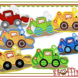 Könnte beinhalten: Sechs bunte Spielzeug-Baumaschinen mit verschiedenen Mustern und Designs. Die Fahrzeuge sind alle nach rechts gerichtet und haben vorne eine Schaufel. Die Fahrzeuge befinden sich auf einem weißen Hintergrund.