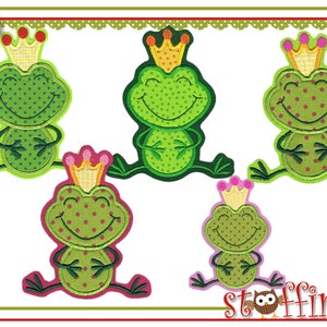 Könnte beinhalten: Fünf gestickte Frosch-Patches mit Kronen. Die Frösche sind grün mit weißen Punkten und haben ein lächelndes Gesicht. Die Kronen sind gelb, rosa und rot mit weißen und gelben Karomustern.