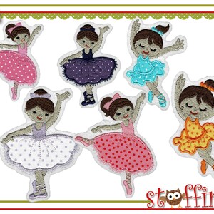 Könnte beinhalten: Sechs gestickte Bügelbilder von Ballerinas in verschiedenen Posen. Die Ballerinas tragen rosa, lila, blaue, weiße, rote und orange Tutus mit Punkten. Die Bügelbilder sind perfekt, um Kleidung, Taschen oder anderen Stoffartikeln einen verspielten Touch zu verleihen.