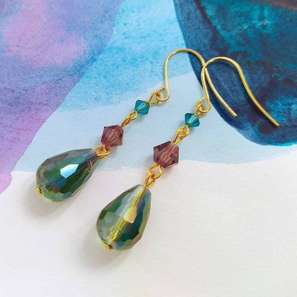 Linear Drop Earrings Cut Glass Beads - Darla I teardrop facetted foil glas bead earrings in teal, green and purple, satin finish