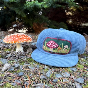 Puede incluir: Gorra de pana azul con un parche bordado con un diseño de seta roja y blanca. Una seta roja y blanca está cerca. La gorra descansa sobre rocas, agujas de pino y musgo.