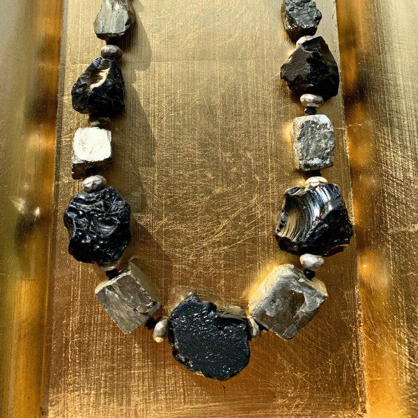 SouthNode IV - Black Obsidian Volcanic Glass + Pyrite Gemstone Fully Beaded Chunky Statement Necklace One of a Kind Rough Raw Stone Crystal