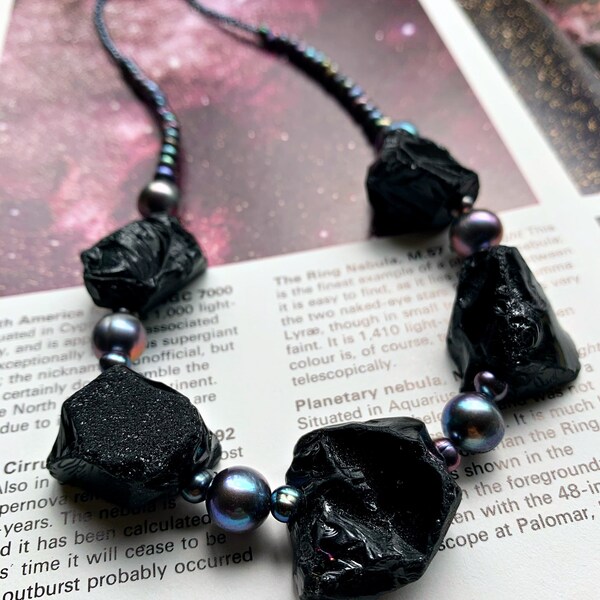 SouthNode VI - Black Obsidian Volcanic Glass + Freshwater Purple Pearl Statement Gemstone Necklace Fully Beaded One of a Kind