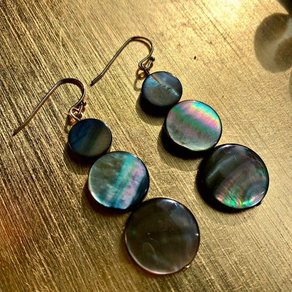 SouthNode III - Abalone Paua Shell Coin Earrings - Simple Simplistic Modern Geometric Shell Pearl Dangle Drop Stack