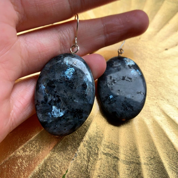 SouthNode X - Larkivite Oval Earrings - Sterling Silver Black Gemstone Crystal Black Labradorite Norwegian Moonstone