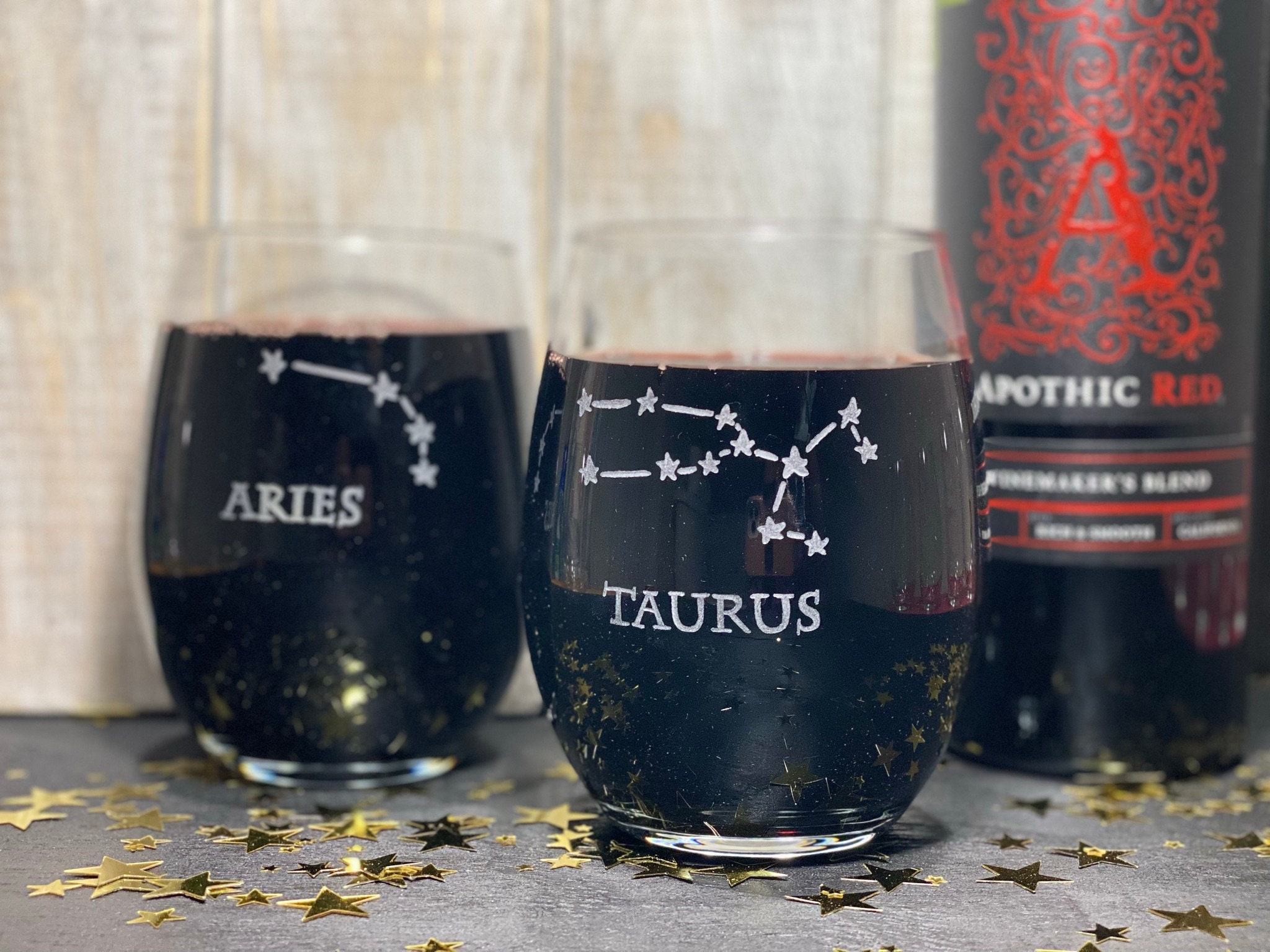 Zodiac Signs Etched Wineglass, Zodiac Stemless Wine Glass, Hand Etche…
