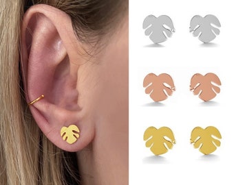 Monstera stud earrings 925 sterling silver or gold plated rosé gold plated leaf earrings plug layering look