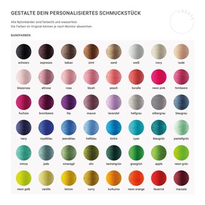 May include: A color chart featuring a variety of nylon band colors for personalized jewelry. The chart displays a spectrum of hues, including black, brown, pink, purple, blue, green, yellow, and orange. Text at the top reads "GESTALTE DEIN PERSONALISIERTES SCHMUCKST&Uuml;CK."
