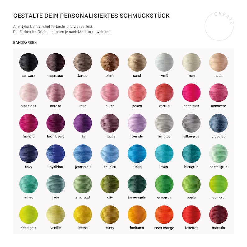 May include: A color chart featuring a variety of nylon band colors for personalized jewelry. The chart displays a spectrum of hues, including black, brown, pink, purple, blue, green, yellow, and orange. Text at the top reads "GESTALTE DEIN PERSONALISIERTES SCHMUCKST&Uuml;CK."