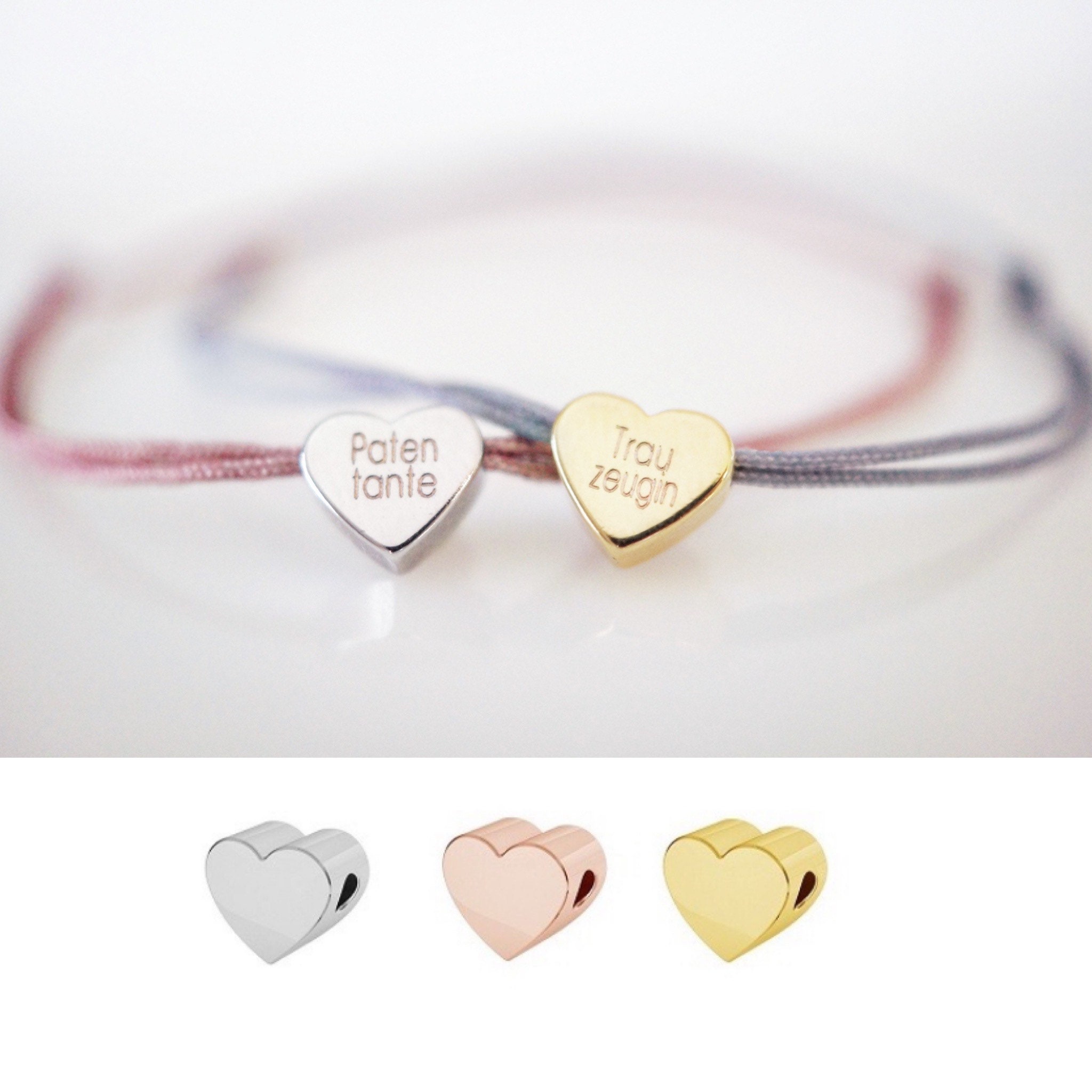 Nylon bracelet maid of honor with heart pendant fucsia Stainless steel in colours gold silver or rose gold