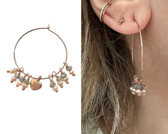 Hoop earrings wire wrapping labradorite and freshwater pearls handmade filigree brass rose gold plated earrings