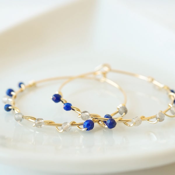 Creolen Wire Wrapping Labradorite und Lapis Lazuli Handarbeit filigran Messing vergoldet Ohrringe
