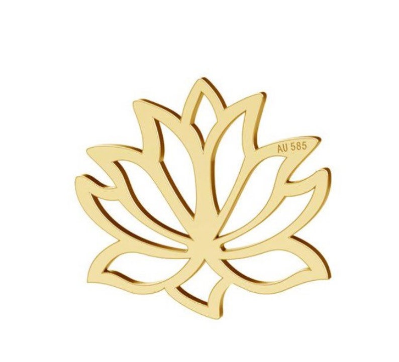 May include: A gold-colored lotus flower pendant with an openwork design. The pendant has a delicate, symmetrical shape with multiple petals. The text "AU 585" is visible on the pendant. The pendant is likely made of gold.