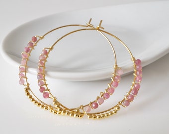 Creolen Wire Wrapping Morganite rosa Edelsteine Handarbeit filigran Messing vergoldet Ohrringe Plättchen Edelstein Ohrringe gold