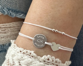 Armband Taufe Taufschmuck Kinderarmband Taufarmband Gravurarmband Kindername personalisiert heiliger Fisch Kreuz Namensarmband Kommunion