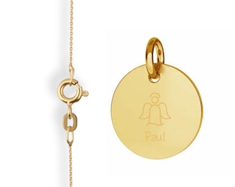 May include: Gold necklace with a round pendant featuring an angel and the name "Paul" engraved on it.