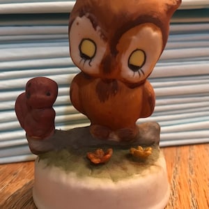 Napcoware Adorable Woodland Owl with squirrel ceramic figurine. kitschy Knickknack