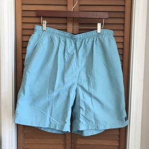 以下が含まれることがあります： ウエストゴムとサイドポケットが付いた水色のショートパンツ。木製のハンガーに吊るされ、木製のドアを背景にしています。小さなロゴが右下の脚に表示されています。