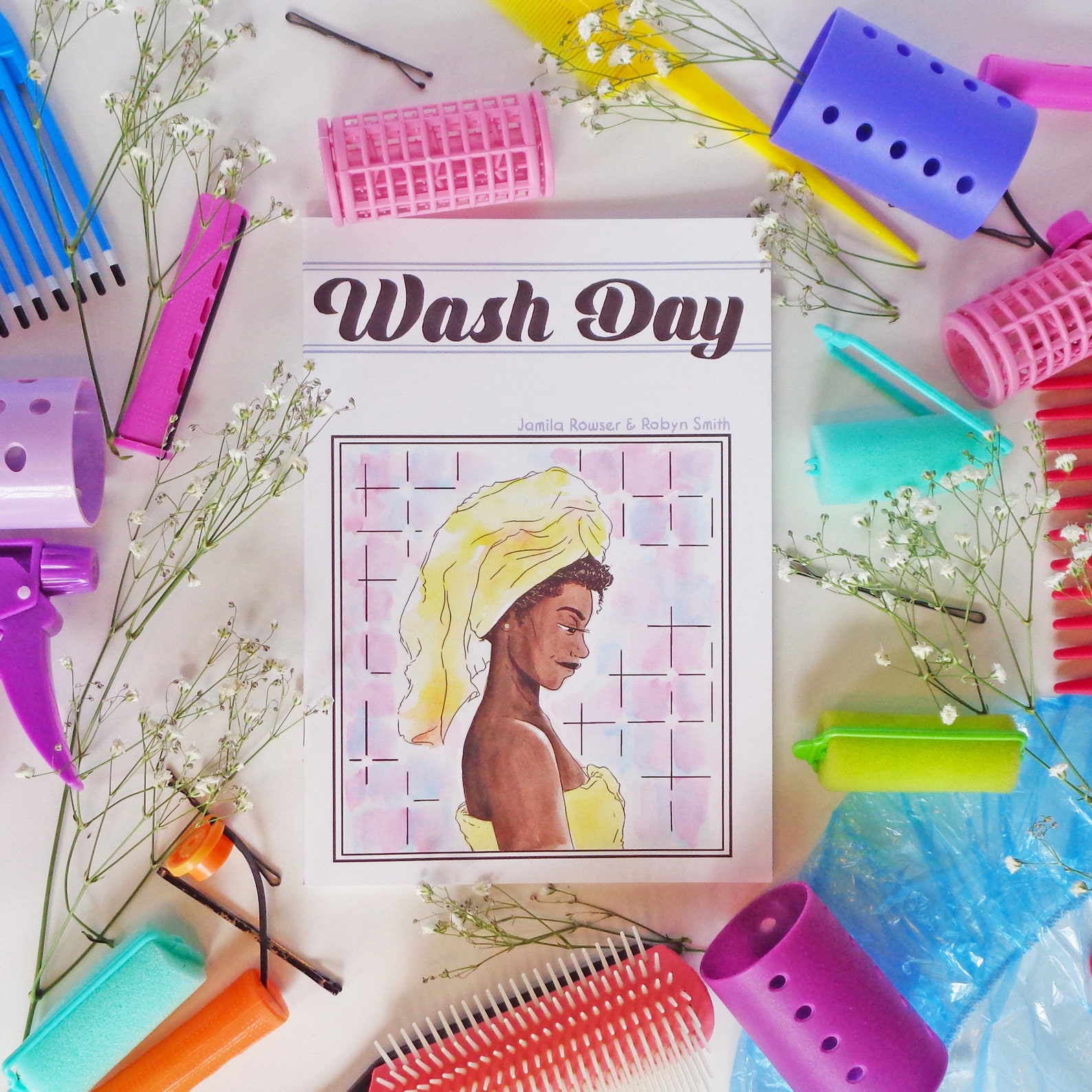 Cover of Wash Day Comic surrounded by hair products