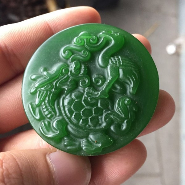Natural charm fashion Hand-made  green Round  Dragon turtle Crane  lucky  jade pendant