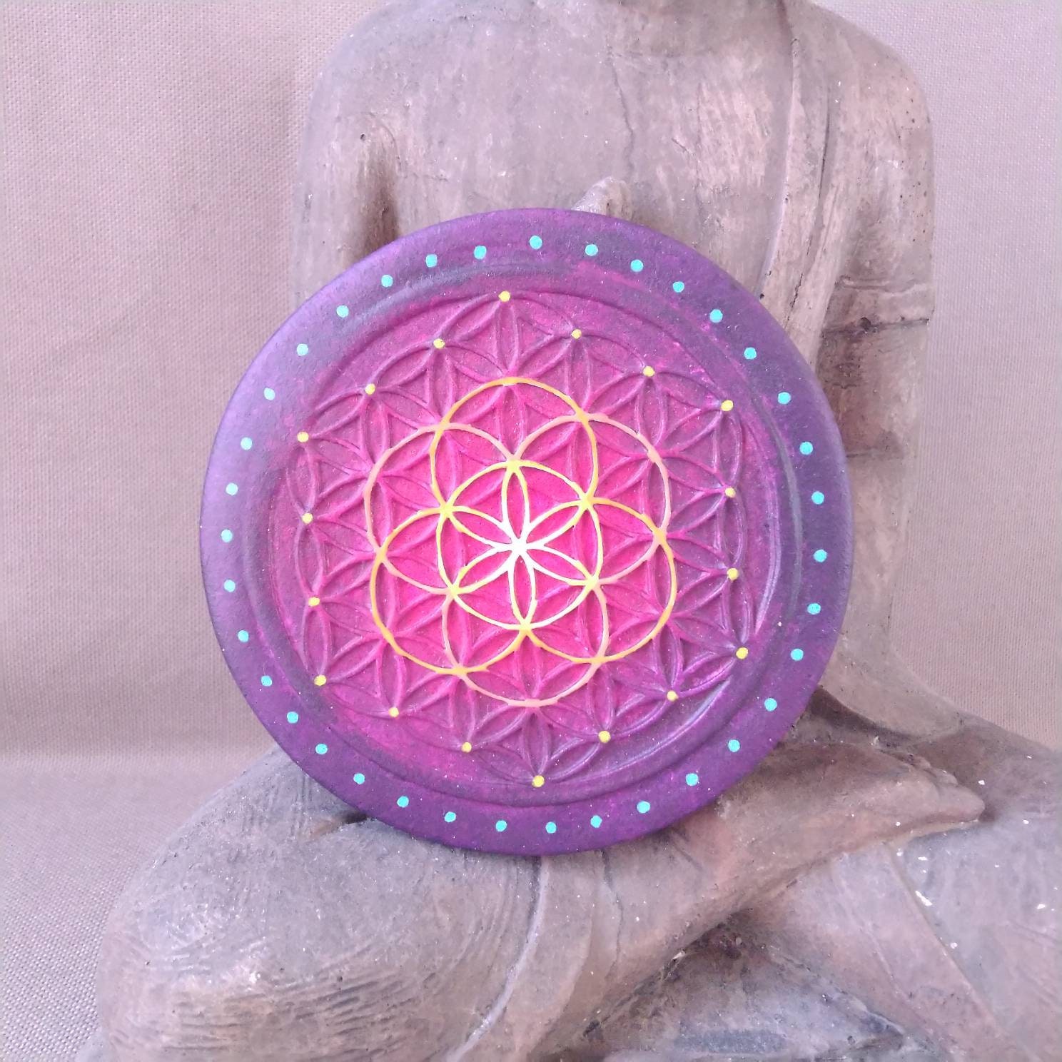 Fleur de Vie Céramique Violet Décoration Autel Amplificateur Énergétique Amour Conscience Connexion 