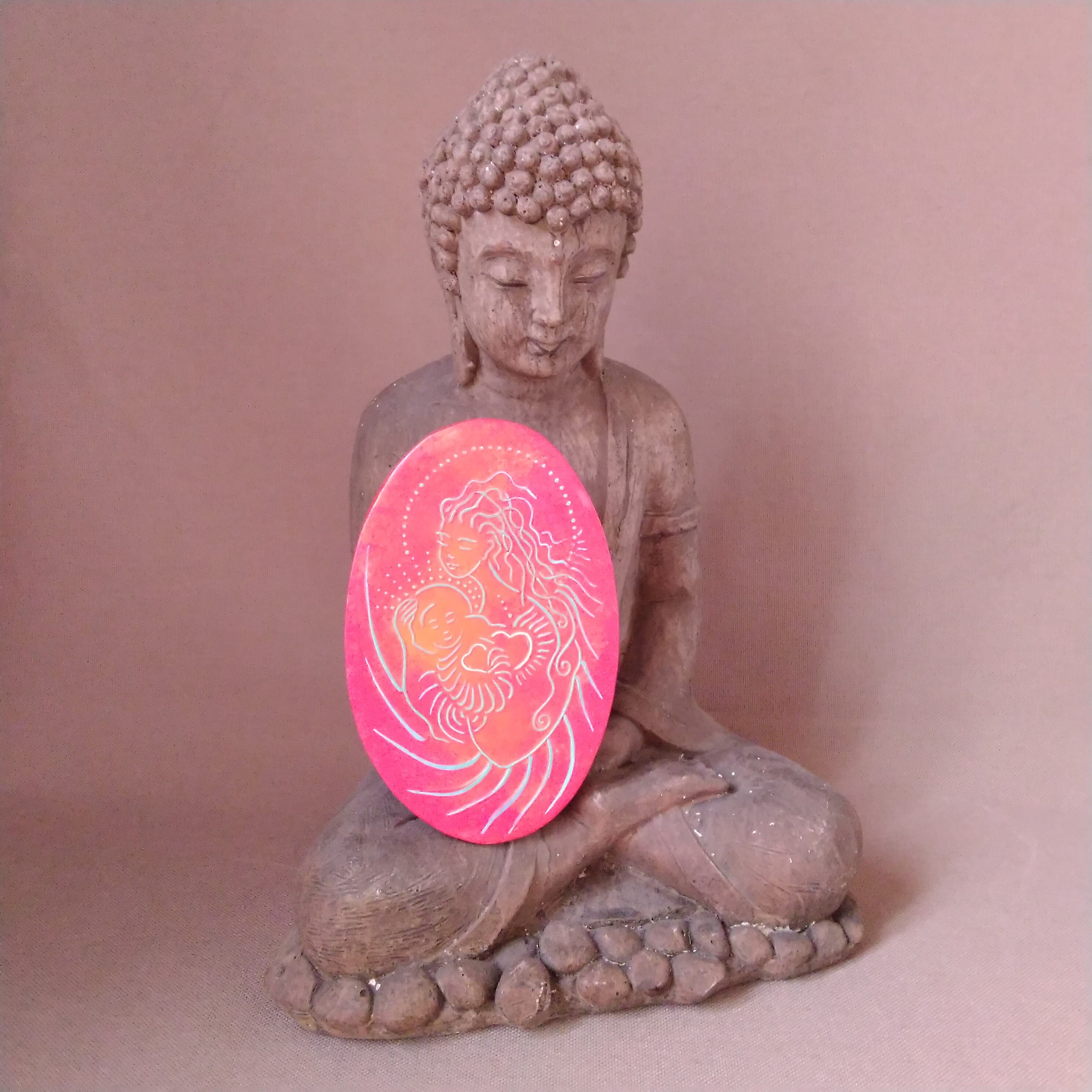 Mère Divine Vierge Marie à L'enfant Céramique Rose Corail Support Rituel Compassion Naissance Enfant