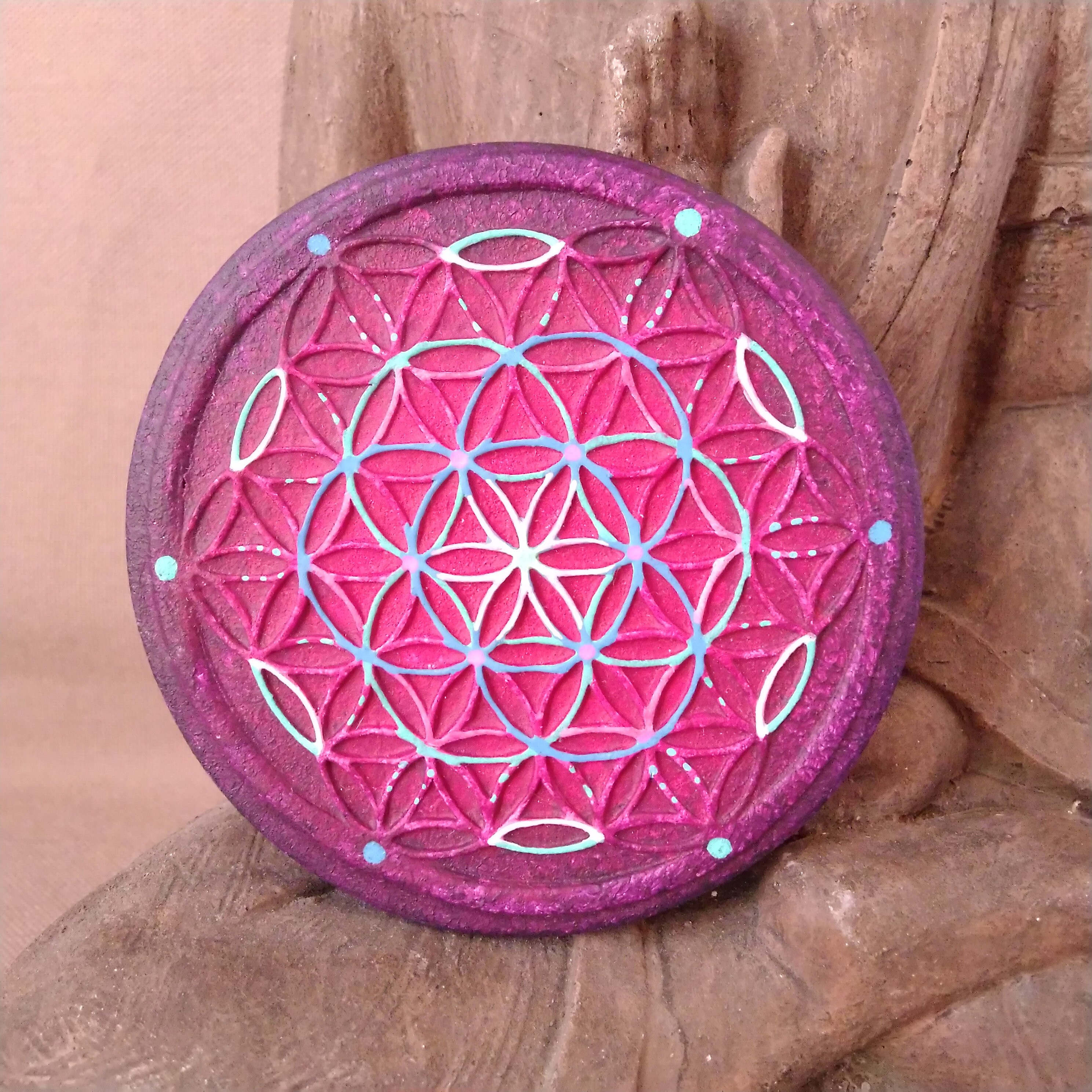 Fleur de Vie Céramique Violet Décoration Autel Amplificateur Énergétique Amour Conscience Connexion 