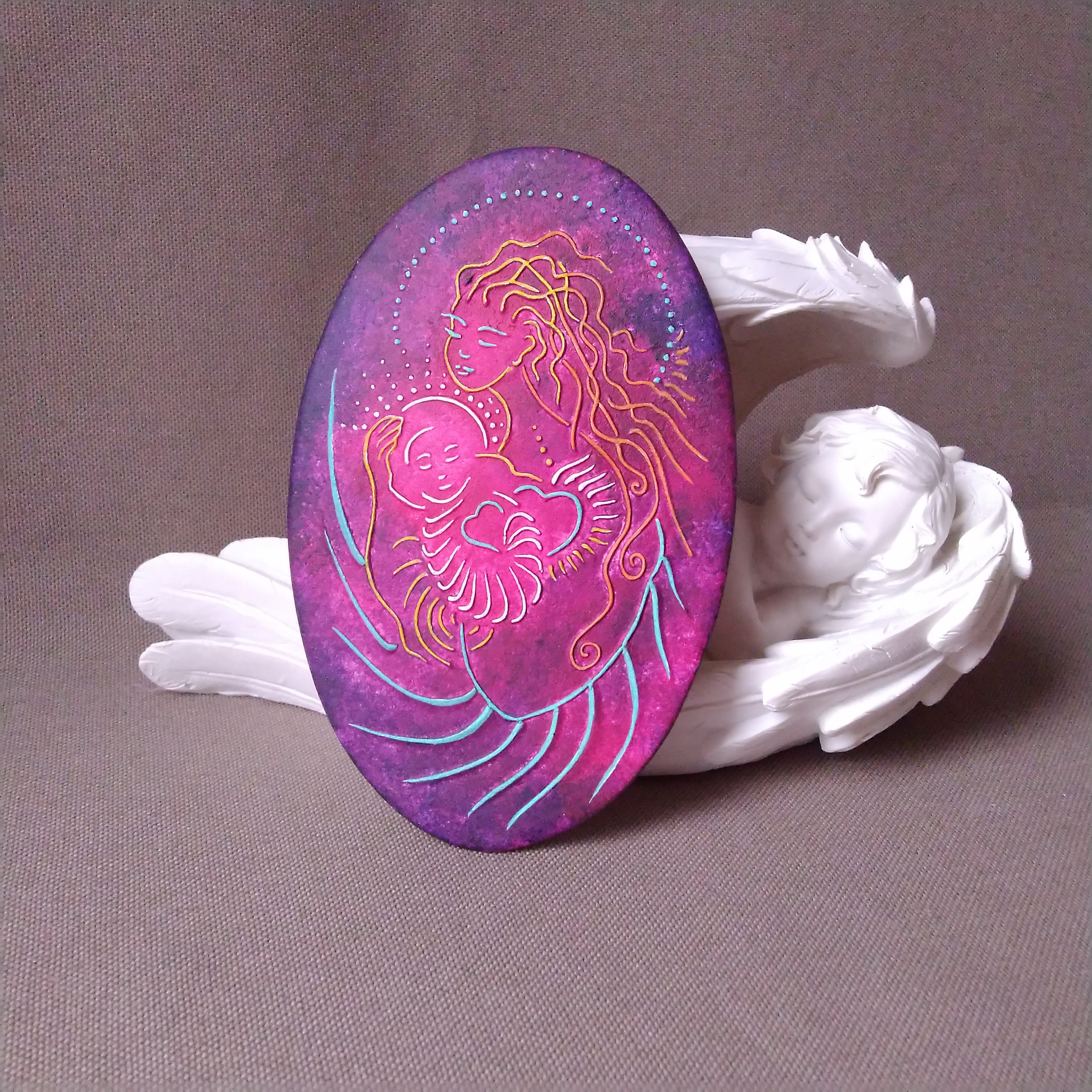 Mère Divine, Vierge Marie à L'enfant Céramique Violet Support Rituel Compassion Naissance Enfantemen