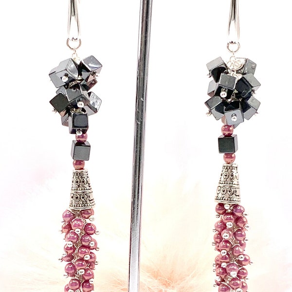 Cluster/Bubble/chandelier/waterfall Crystal Drop Earrings, Pink Pearl & Hematite Cubes Dangle Drop Earring, Ladies Gift, Unique Gift