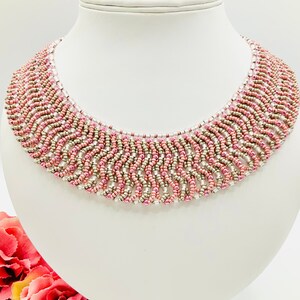 Woven Collar Necklace in Pink and Silver, Ladies Gift, Seed bead and Crystal Necklace, Gifts for Her
