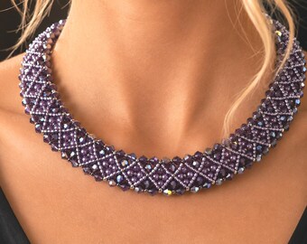Handwoven Beaded Necklace: Purple AB Crystals and silver accents, Gift for her