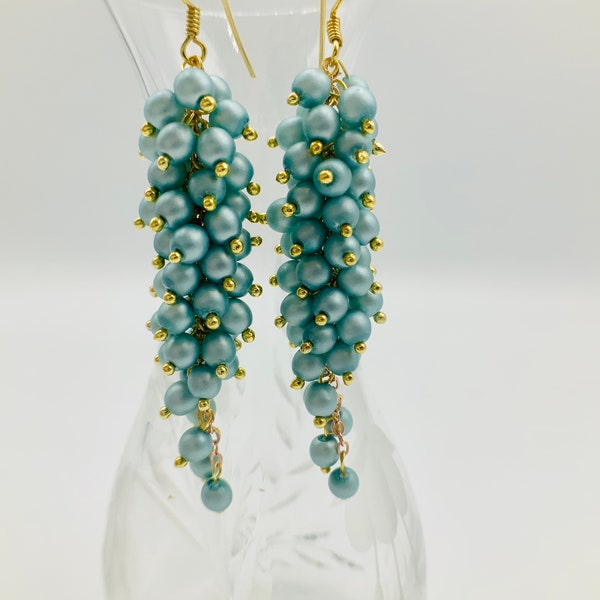 Cluster, Waterfall Drop Earrings, Blue Pearls Dangle Drop Earring, Ladies Gift, Unique Gift, Bubble, Grape earring