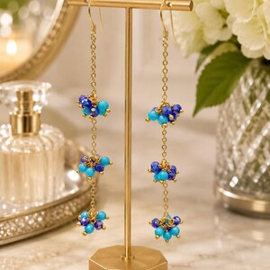 Blue Pearl Cluster Drop Earrings, Gold Plated Dangle Earrings