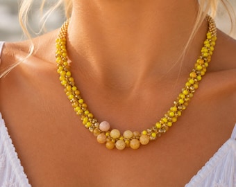 Handmade Kumihimo Yellow Beaded Necklace with Pearls, Woven Crystal Necklace,  Statement Jewellery, Elegant Gift for Her