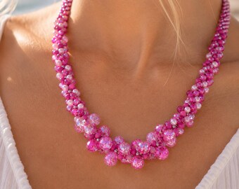 Handmade Kumihimo Pink Beaded Necklace with Pearls, Handmade Woven Crystal Necklace,  Vibrant Pink Statement Jewellery, Elegant Gift for Her