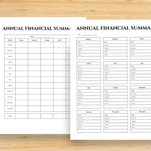 Pode incluir: Duas folhas de papel brancas com texto preto e layouts de grade intitulados ANNUAL FINANCIAL SUMMARY. A folha esquerda contém uma tabela mensal para rendimentos, despesas, poupanças e dívidas. A folha direita exibe caixas mensais individuais para objetivos, receitas, despesas, lucros e notas.