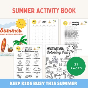 Pode incluir: Um livro de atividades de verão com um design brilhante e colorido. A capa apresenta um sol sorridente, uma prancha de surf e uma palmeira. No interior, existem páginas para colorir, sugestões de desenho e um calendário de julho. O texto diz "Summer Planner, Activities & Games for Kids".
