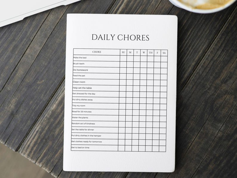 Notepad Add Checkbox Printable Daily Chores Chart | Kids & Family Cry Planner | Black and ...