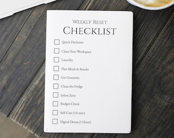 Weekly Reset Checklist Printable | Minimal Sunday Reset Planner | Weekly Routine & Self-Care Checklist | 8.5x11